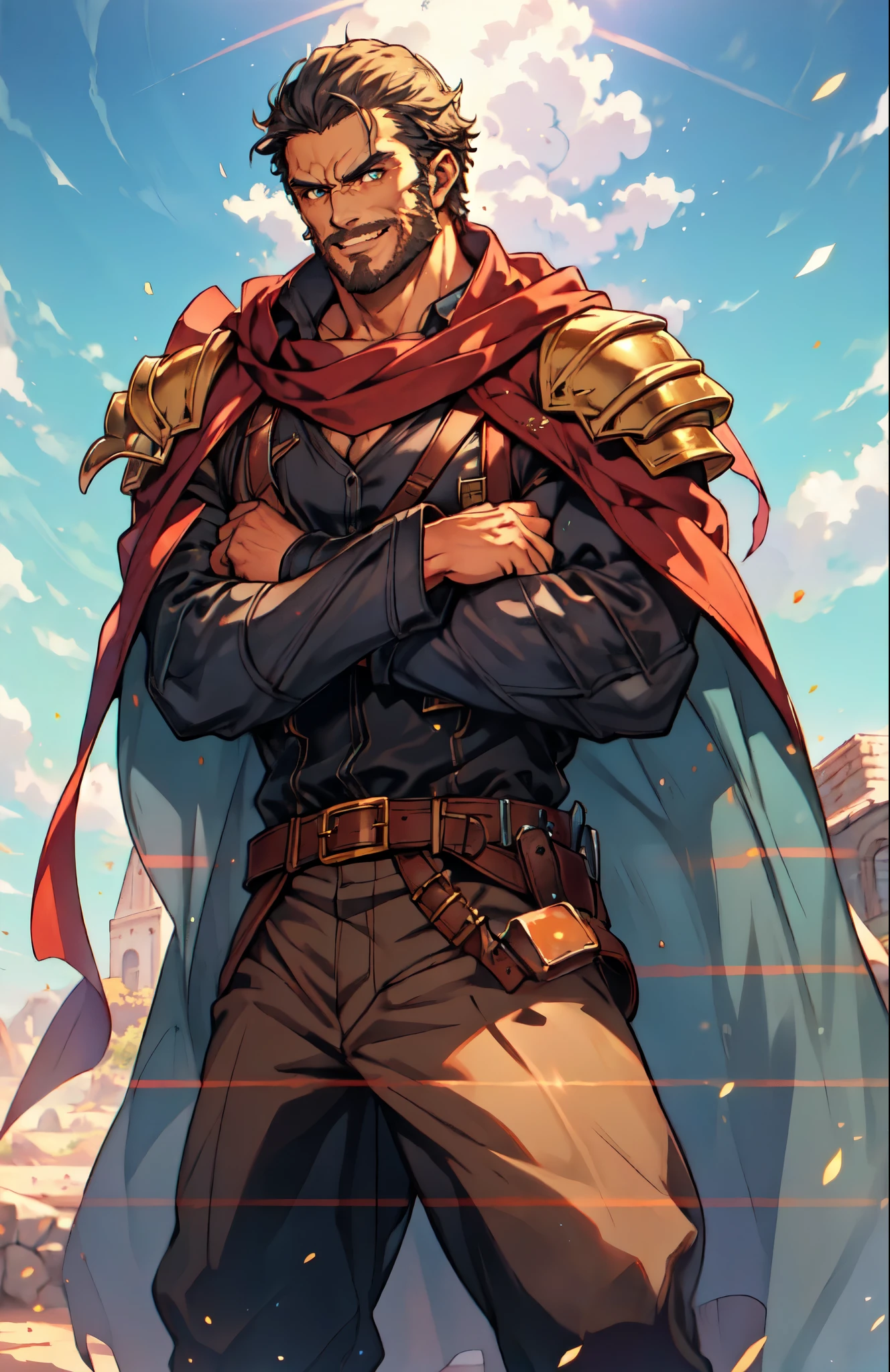 (masterpiece:1.2, best quality:1.2, extremely delicate:1.2), ((male:1.5)), a middle-aged man with short black and gold hair, rugged eyebrows, a full beard, downturned triangular eyes, an arrogant expression, mouth open laughing, a tall and robust build, a fantasy western-style cape and leather coat, his arms crossed over his chest, a leather utility belt, loose canvas trousers, standing majestically on a barren hillside, this character embodies a finely crafted fantasy western-style overlord in anime style, exquisite and mature manga art style, dramatic, high definition, highres, ultra-detailed, ultra-fine painting, professional, perfect body proportions, golden ratio, anatomically correct, symmetrical face, extremely detailed eyes and face, high quality eyes, creativity, RAW photo, UHD, 32k, Natural light, cinematic lighting, (masterpiece-anatomy-perfect:1.2)