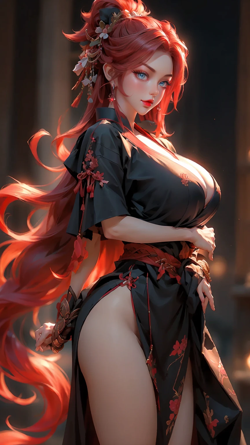 soft lighting, highest details, best quality, Samurai girl, ( a pretty girl, 20 year old ), wear samurai clothes, ( nice body shape, sport body ), midnight jungle, red hair, blue eyes,( Full body view ), standing, ( huge breast : 1.5).