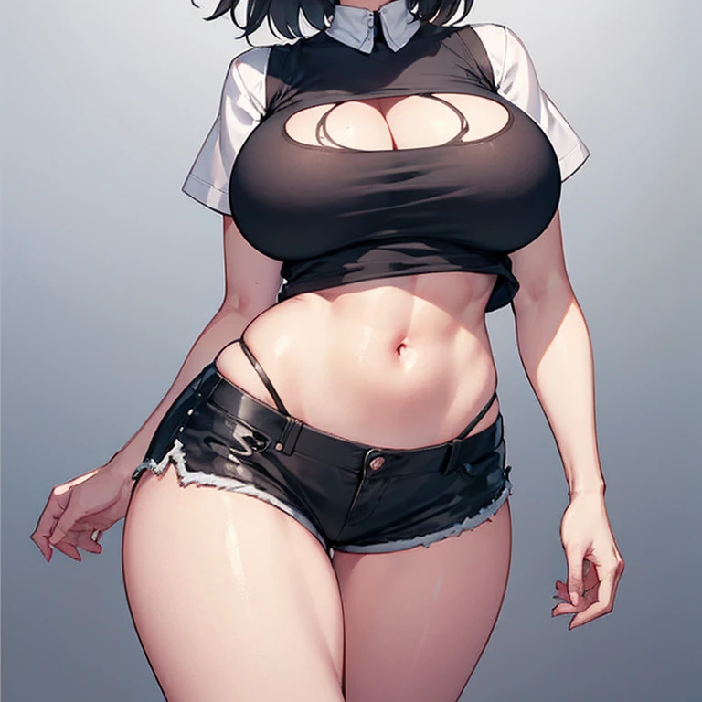 Anime Kawaii sexy Perfect Slim sensual body large breast and huge thighs, An intricate and highly detailed illustration of anime ( girl)  8k, work of art, best qualityer, practical, very detailled, 1 mixed race girl, Healthy body, practical skin texture, breasts big, looking at the audience, cropped shirt, cropped skinny t-shirt, Vest, under,Vest showing leather, under , Miniature skirt, sexy pants, Torn shorts and exposed skin, Ripping shorts, showing underwear, The shorts are too tight，Perhaps&#39;Cannot be compressed.,Lumiere, Facial Focus, good eyes, 精致的面容, bright face.., giorno, Outdoor cafe in the background, low angle shot, Watch below,Beautiful tattoos,belly cake,tattoo on arm,Waiting for the thigh tattoo,Waiting for the belly,chest tattoo