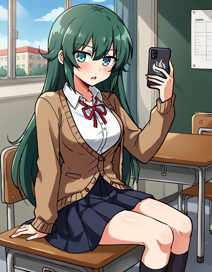 highschool girl, shirt , skirt, cardigan , modern , pop , sitting on school desk , uising phone