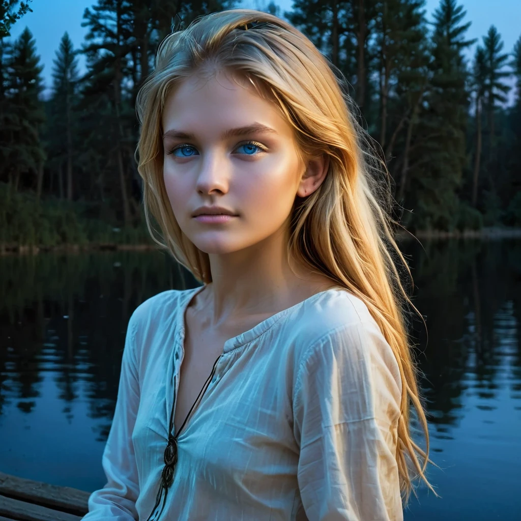 Under the light of a full moon, a young woman with long, flowing blonde hair sits on a bench by a serene lake. The moonlight casts a gentle glow on her fair skin, highlighting her striking blue eyes and the delicate features of her face. Dressed in a loosely buttoned shirt that slips off her shoulders, she exudes a mix of vulnerability and allure. Large hoop earrings frame her face, adding a touch of elegance to her natural beauty. The dark silhouette of the forest in the background contrasts with the bright moon, creating an atmosphere of quiet enchantment. As the night deepens, she becomes a central figure in a story of mystery and romance, where the boundaries between dreams and reality blur under the celestial light, nude, nude