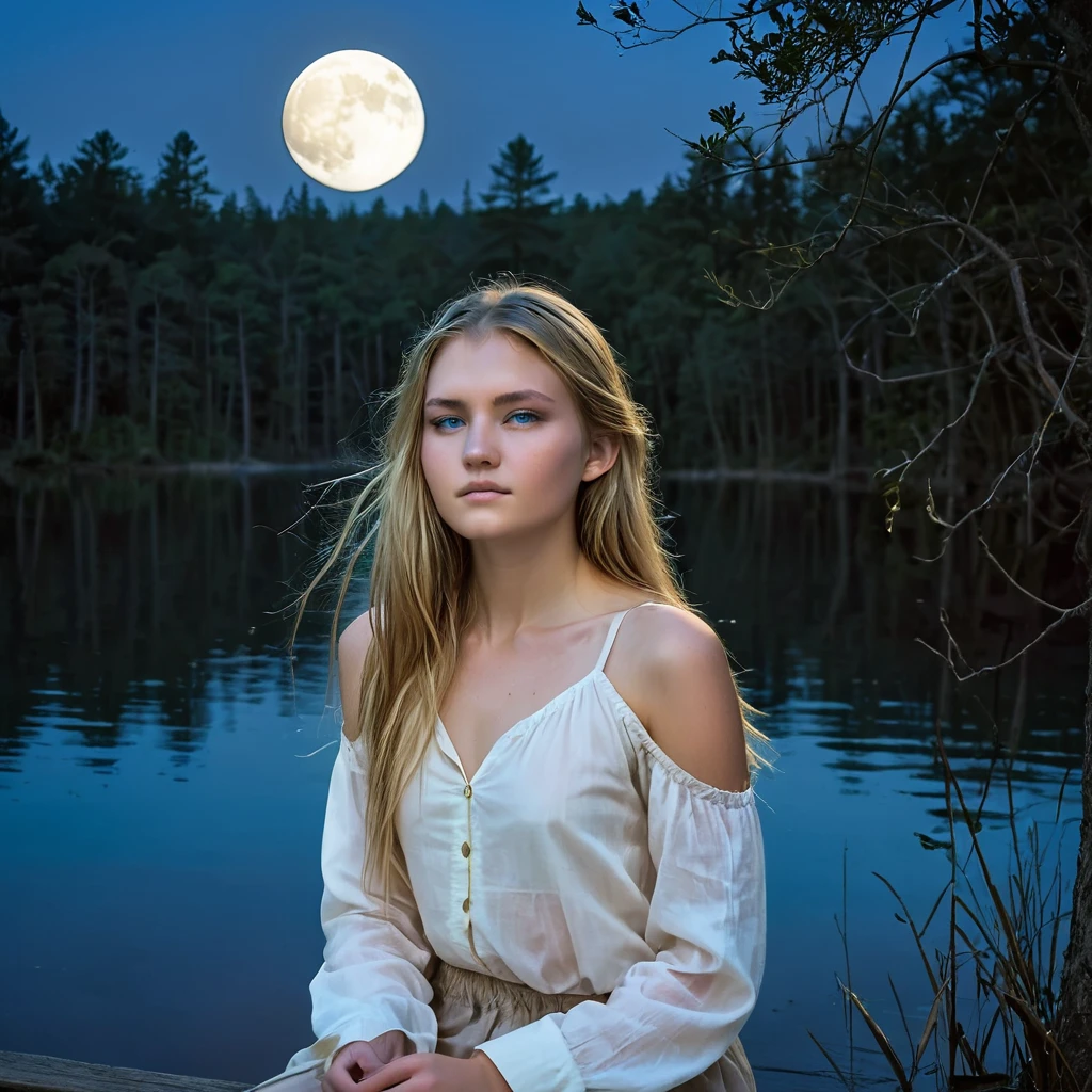 Under the light of a full moon, a young woman with long, flowing blonde hair sits on a bench by a serene lake. The moonlight casts a gentle glow on her fair skin, highlighting her striking blue eyes and the delicate features of her face. Dressed in a loosely buttoned shirt that slips off her shoulders, she exudes a mix of vulnerability and allure. Large hoop earrings frame her face, adding a touch of elegance to her natural beauty. The dark silhouette of the forest in the background contrasts with the bright moon, creating an atmosphere of quiet enchantment. As the night deepens, she becomes a central figure in a story of mystery and romance, where the boundaries between dreams and reality blur under the celestial light, nude, nude