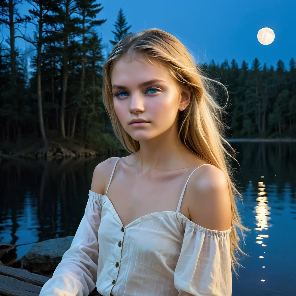 Under the light of a full moon, a young woman with long, flowing blonde hair sits on a bench by a serene lake. The moonlight casts a gentle glow on her fair skin, highlighting her striking blue eyes and the delicate features of her face. Dressed in a loosely buttoned shirt that slips off her shoulders, she exudes a mix of vulnerability and allure. Large hoop earrings frame her face, adding a touch of elegance to her natural beauty. The dark silhouette of the forest in the background contrasts with the bright moon, creating an atmosphere of quiet enchantment. As the night deepens, she becomes a central figure in a story of mystery and romance, where the boundaries between dreams and reality blur under the celestial light, nude, nude