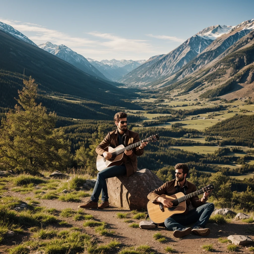 Draw a landscape and a man sitting with a guitar 