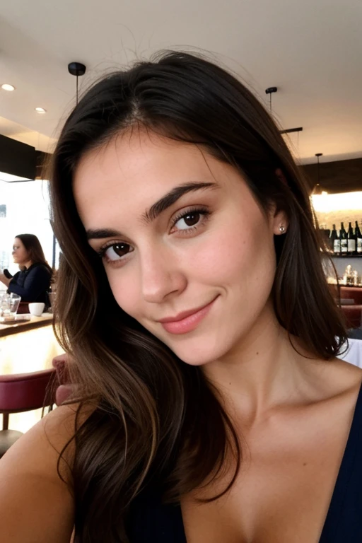 Femme brune européenne hyperréaliste aux cheveux bouclés et au visage rond et sérieux , selfie , photo ,restaurant