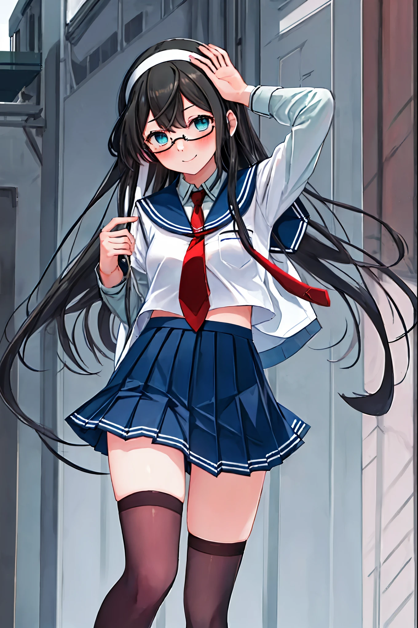 best quality, masterpiece, highres, solo, {ooyodo_kantaicollection:1.15}, black_hair, long_hair, glasses, hairband, semi-rimless_eyewear, under-rim_eyewear, blue_eyes, green_eyes, blush,small_breasts, 1girl, school_uniform, serafuku, pleats_skirt, looking_at_viewer, necktie, harbor_town_background, red_necktie,(angry:0.7),smile,,thigh-highs,solo