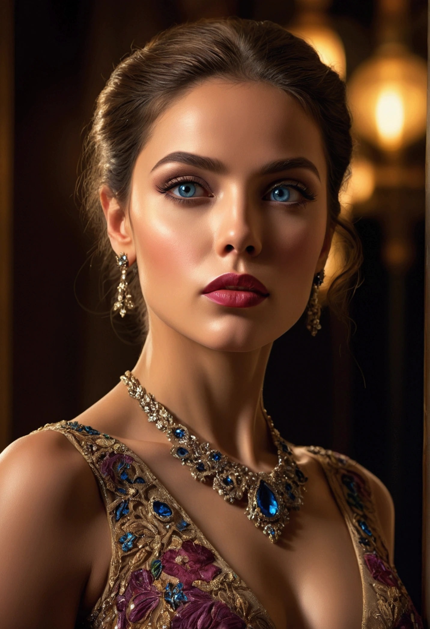 award winning moment, woman in elegant dress, dramatic lighting, beautiful detailed eyes, beautiful detailed lips, extremely detailed face, high quality, photorealistic, cinematic, dramatic colors, warm lighting, intricate details, masterpiece, award-winning, glamour, high fashion, luxury, emotions