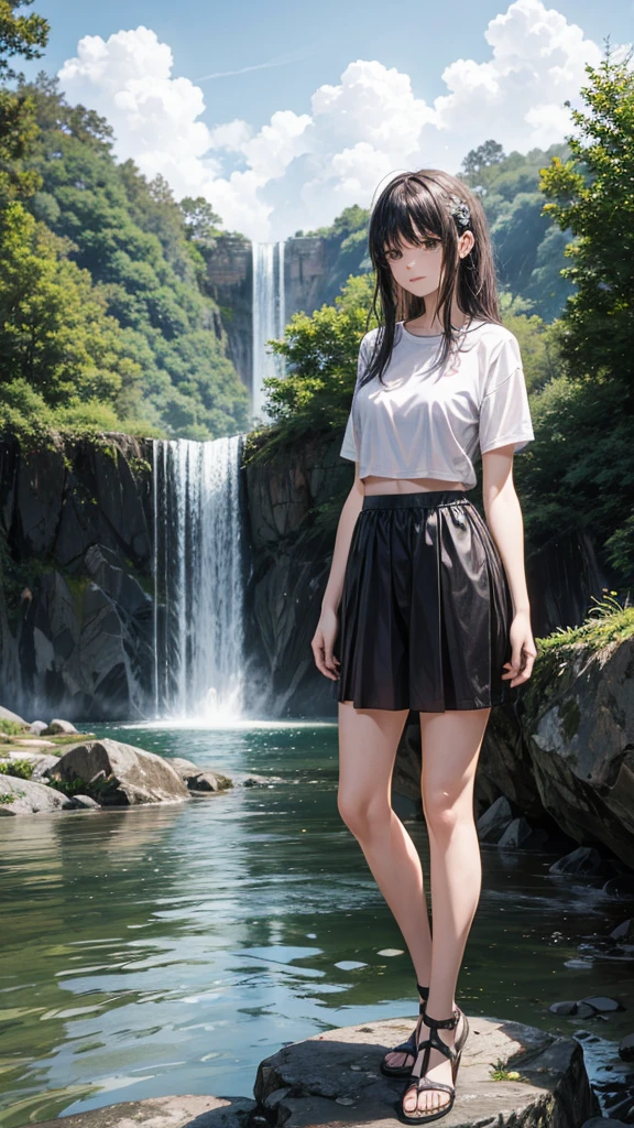 A couple is standing near a waterfall. The couple is wearing short clothes. The girl is showing her hips. It is evening.