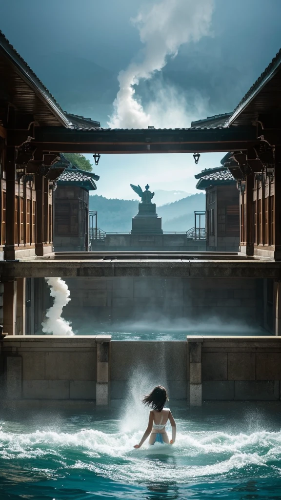 In the bathhouse, steam rising from the water、A  girl enters a mysterious world。Walking through the corridors of the bathhouse, shrouded in an eerie mist、A giant statue of the wind god welcomes you。In the center of the lake, a mysterious train rides the waves.、The girl&#39;s adventure begins。