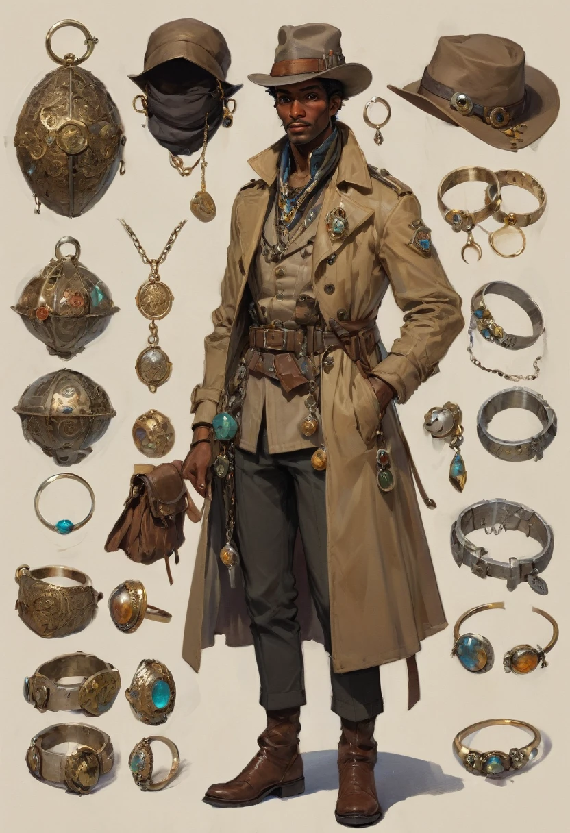character design sheet by Abram Efimovich Arkhipov, best quality, masterpiece, Representative work, official art, Professional, Ultra intricate detailed, 8k. portrait of a man who is a treasure hunter. he has brown skin and a crooked nose but it very handsome. He has a worn hat and a fitted trenchcoat that is worn. he is wearing many necklaces and rings. His outfit is covered in trinkets from his expeditions and he has a large futuristic backpack