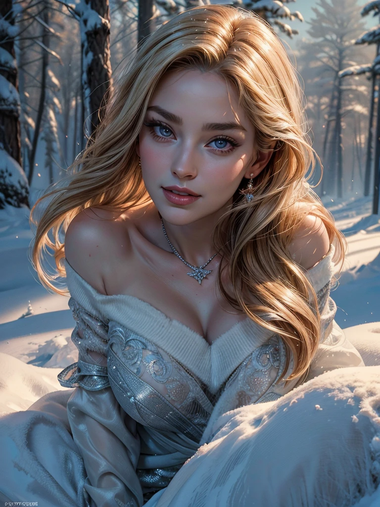 a mature 40s female teacher, beautiful detailed eyes, beautiful detailed lips, extremely detailed face and skin, long hair flowing down shoulders, BLOND HAIR, teasing smile, satin RED panties, looking back coyly, (best quality,4k,8k,highres,masterpiece:1.2),ultra-detailed,(realistic,photorealistic,photo-realistic:1.37),beautiful lighting,dreamy atmosphere,cinematic,high quality portrait,elegant,sensual,provocative a snowy winter landscape in siberia, snow covered pines, frozen lake, beautiful detailed sky, dramatic lighting, highly detailed, (best quality,4k,8k,highres,masterpiece:1.2),ultra-detailed,(realistic,photorealistic,photo-realistic:1.37),stunning scenery, soft lighting, atmospheric, cinematic composition, muted color palette, cold tones