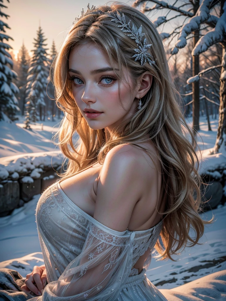 a mature 40s female teacher, beautiful detailed eyes, beautiful detailed lips, extremely detailed face and skin, long hair flowing down shoulders, BLOND HAIR, teasing smile, satin RED panties, looking back coyly, (best quality,4k,8k,highres,masterpiece:1.2),ultra-detailed,(realistic,photorealistic,photo-realistic:1.37),beautiful lighting,dreamy atmosphere,cinematic,high quality portrait,elegant,sensual,provocative a snowy winter landscape in siberia, snow covered pines, frozen lake, beautiful detailed sky, dramatic lighting, highly detailed, (best quality,4k,8k,highres,masterpiece:1.2),ultra-detailed,(realistic,photorealistic,photo-realistic:1.37),stunning scenery, soft lighting, atmospheric, cinematic composition, muted color palette, cold tones