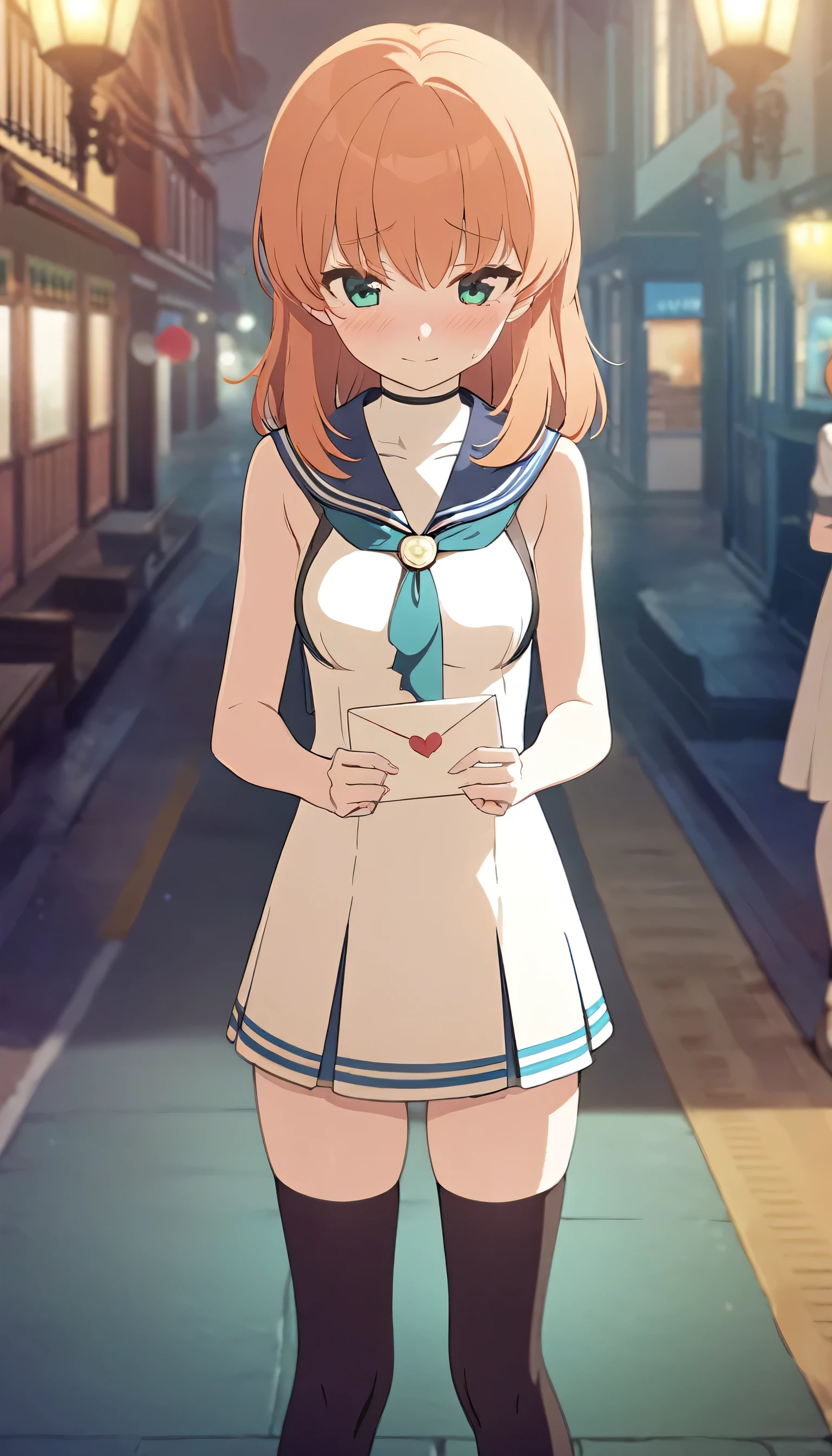 (Highest quality), (masterpiece), (high resolution), One girl、City of night、Are standing、Holding a love letter in both hands、Sleeveless sailor suit、Orange Hair、White mesh、Green Eyes、Black Stockings、Feeling embarrassed、Small breasts