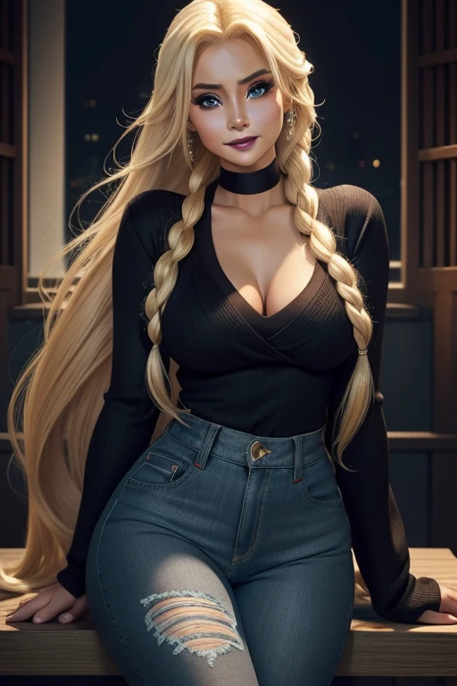 tsunade is elsa of frozen IN BLACK PANTYHOSE, smiling, ((Very intense makeup)), ((Glossy lipstick)), voluptuous, Long hair, Blonde hair, straight hair, red sweater, neckline, Short jeans, derriere, beautiful buttocks