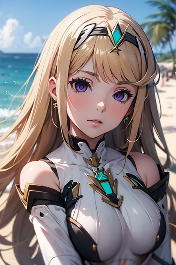 masterpiece, centered, concept art, suggestive pose, 1girl, mythra \(xenoblade\), blonde hair, long hair, sexy, beach background, epic composition, epic proportion, volumetric lighting, HD,porn,purple eyes,shirtless,pussy,shirtless,big breasts,dark body