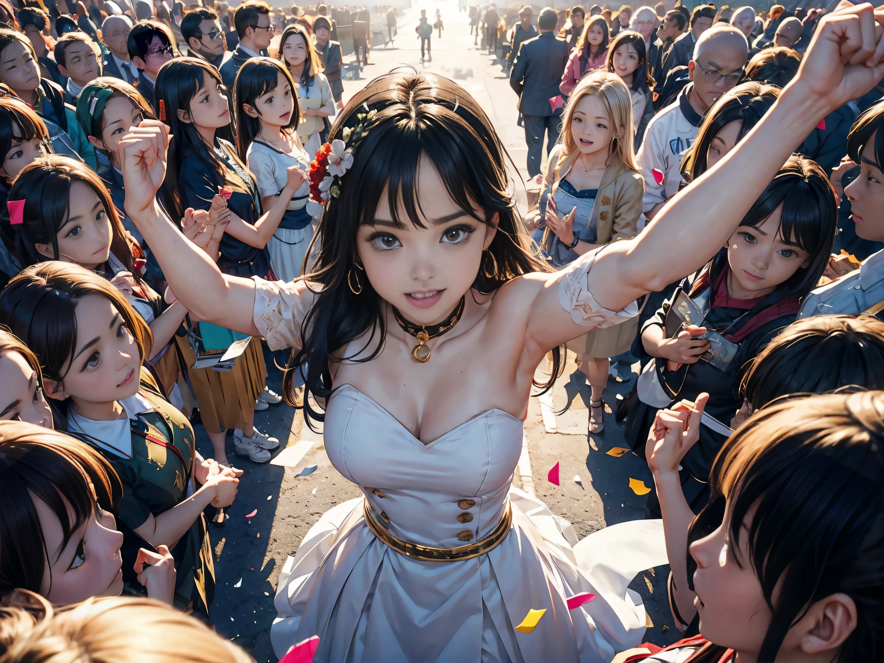 From above,Shot with a wide-angle lens of 18 mm,masterpiece,Highest quality, (perfect anatomy), (Perfect ratio of fingers to thumb), (Symmetrical face), A large group of people,In large numbers,The moment of receiving the award,Flying confetti,A lot of confetti,happy,Circle of joy,Come and gather,tears,tears,smile,smile,☺😭Raise your fist,passion,sense of achievement,The beautiful woman in the middle of the circle is being carried on someone&#39;s shoulders.,She raised her trophy hand,Climax,The best smile that will burst out,