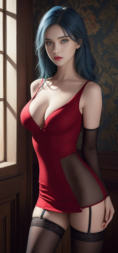 (Hyperrealistic), (illustration), (high resolution), (8K), (Extremely detailed), (Best Illustration), (Beautiful detailed eyes), (Best quality), (Ultra-detailed), (Masterpiece), (the wallpaper), (Photorealistic), (Natural light), (rim lit), (Detailed face), (Highly detailed realistic skin textures), (Anatomically correct), (Solo), (1 girl), (high detailed realistic hair), (Blue hair:1.2), spiked hair, (Heterochromic eyes), (detailed green eyes), (Small moles under the eyes), (Realistic big breasts:1.5), (Exposed breasts:1.3), (Long legs), (Slender abs), (Dynamic pose), (Closed mouth:1.3), (Red shirt,blackstockings), (Sheer clothes:1.5), NSFW,nakeness,Bare lower body,Bare breasts,Camel toes,