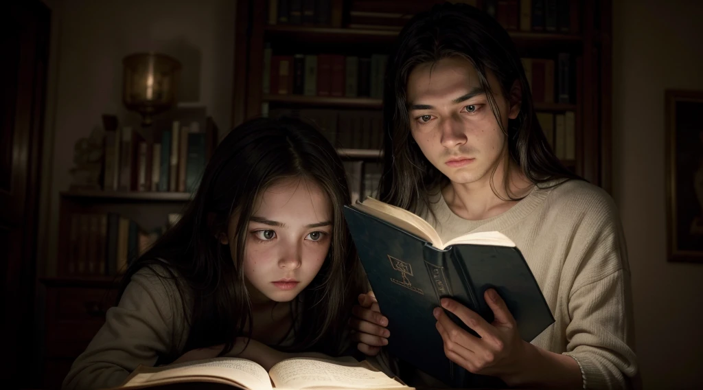 The age girl being enveloped by a dark and luminous energy emanating from an ancient and enigmatic book. Her father is in the background, trying to protect her, with a look of despair and concern.