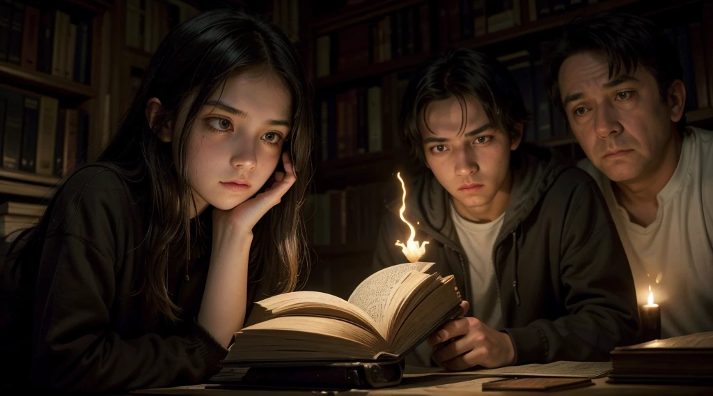 The teenage girl being enveloped by a dark and luminous energy emanating from an ancient and enigmatic book. Her father is in the background, trying to protect her, with a look of despair and concern.