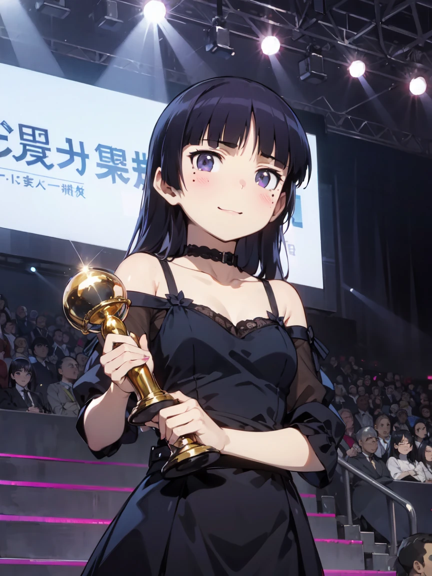 (Award-Winning Moment), (ruri gokou), blush, Long Hair, Black Hair, Mole, Mole under eye, 1 girl, (Award Ceremony), woman, Sunny, Luxury Dresses, Spotlight, applause, smile, ((Gold Trophy)), stage, Red carpet