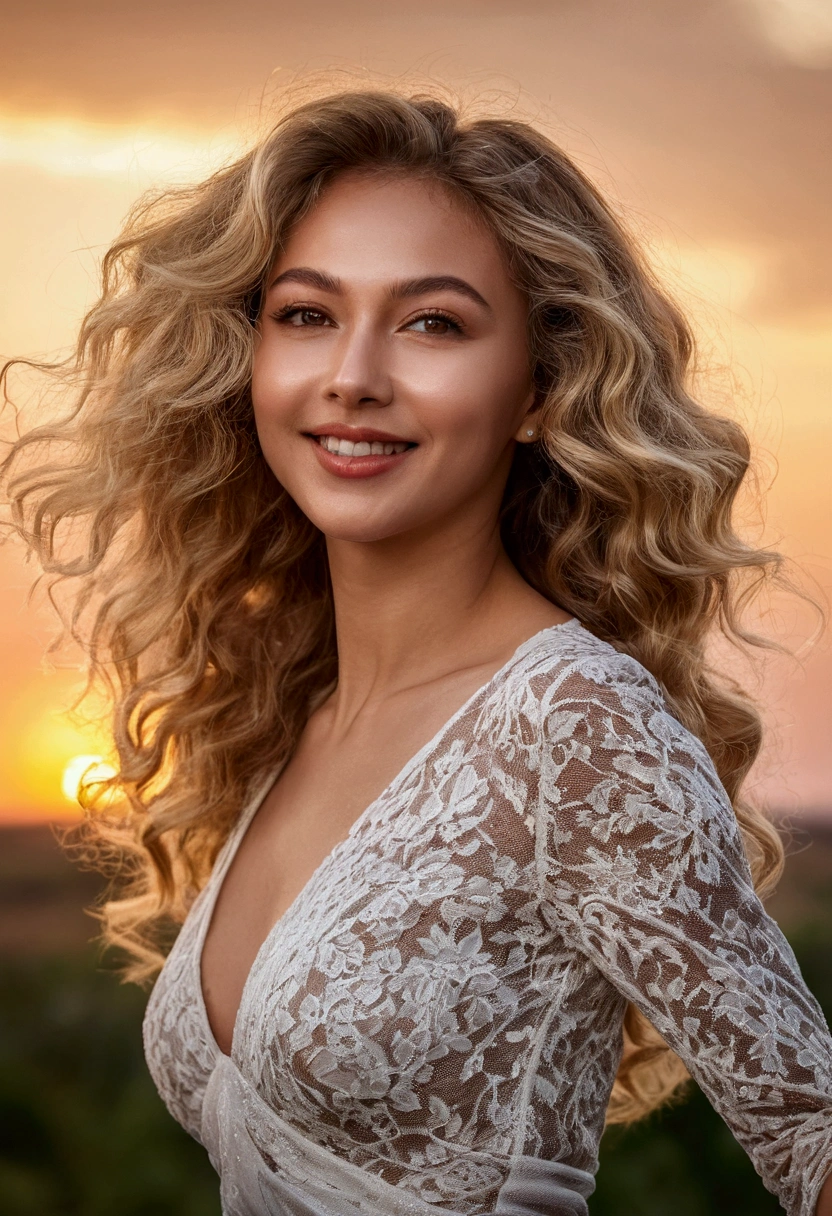 RAW, Best quality, high resolution, masterpiece: 1.3), beautiful sensual, 8k, lovely European woman with wavy blonde hair dancing in the wind, 1.2 (low angle view), beautiful sunset as the backdrop, detailed and ergonomic body, 1 girl, extremely detailed face and olive-toned complexion, realistic and highly defined, ultra definition, RAW color photography in the highest quality, professional photography session, (close-up: 1.37), elegant smile, exquisitely detailed brown eyes, red juicy lips, sharp nose, slim waist, perfect hips, 20 years