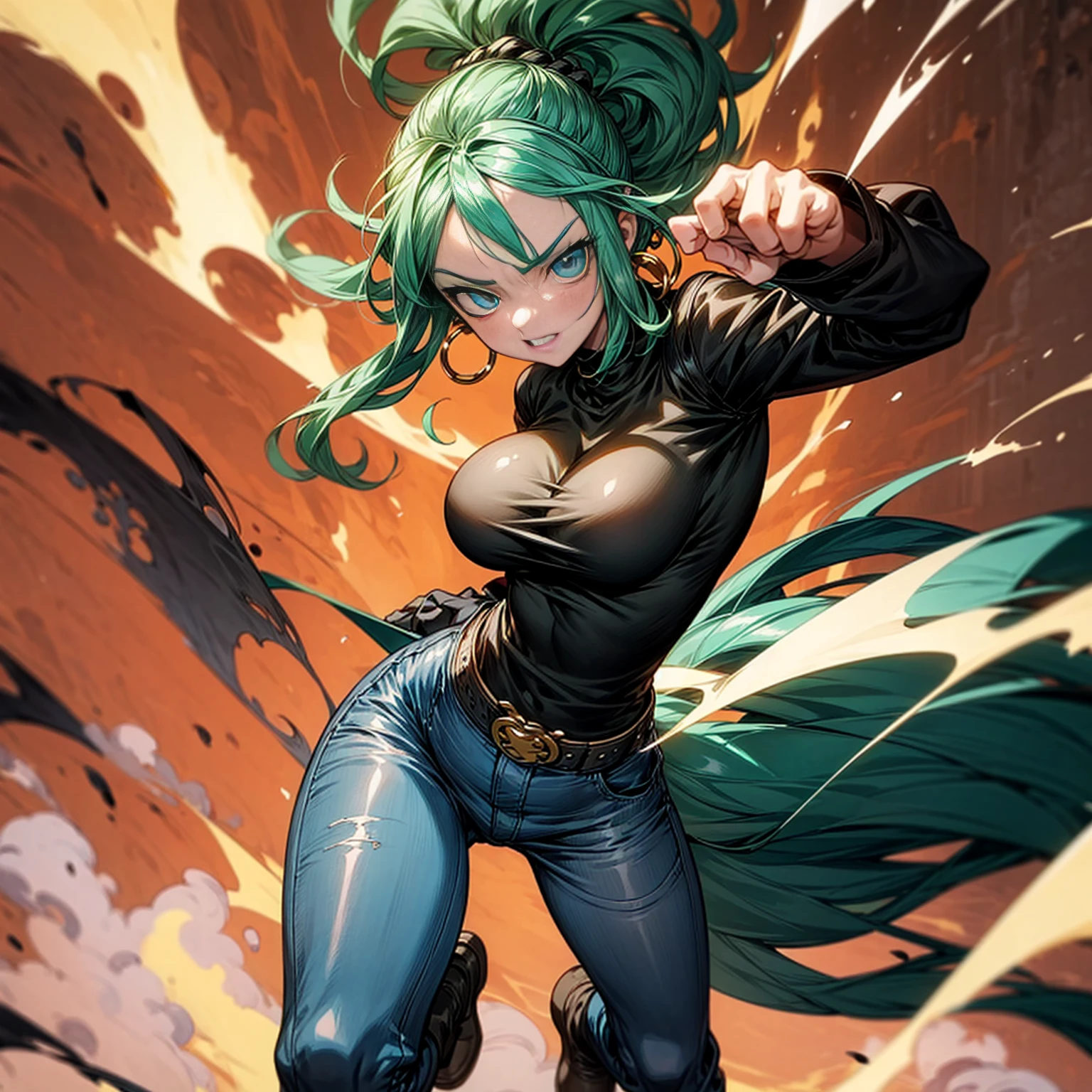 Solo character, girl, full body version, blue eyes, green hair, long Curly hairstyle, ponytail, black t-shirt, long jeans, white boots, big breasts, Grassroots, background in street city, evening day, (one piece style art), standing battle gesture, handgun in hand, smoke effect, fire effect, blood on background, happy, Hoop earrings 