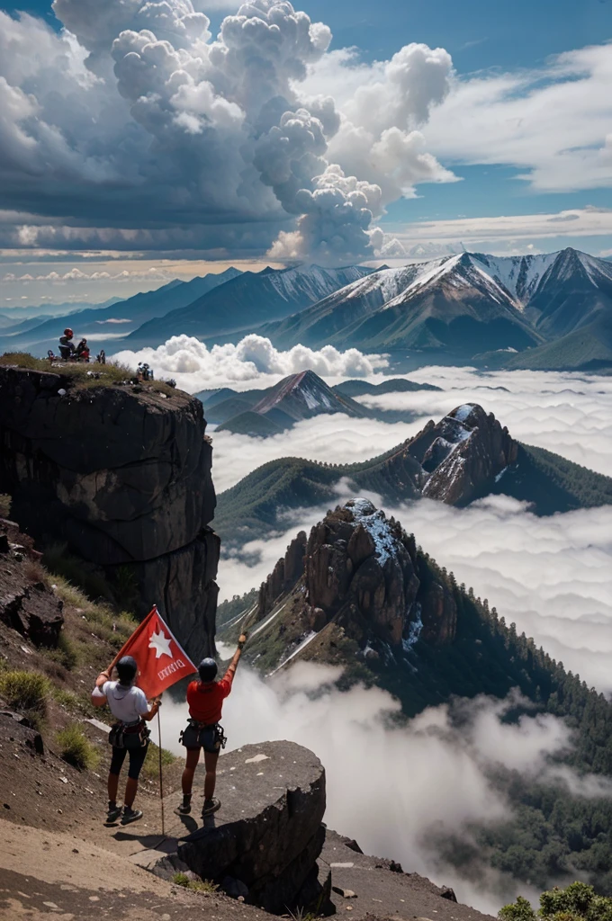 Indonesian climbers, men and women, on top of the mountain, waving the red and white flag, there are several people, visible craters and thick clouds, beautiful view, realistic image, full HD