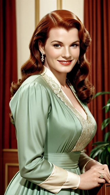 Maureen O'Hara dressed in elegant clothes and smiling