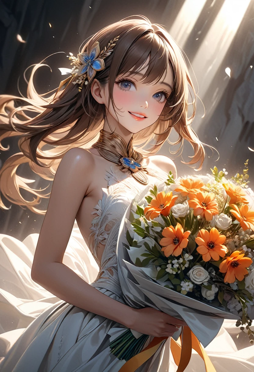 ( perfect anatomy ) Hanging ribbon medal otherworldly charming very beautiful girl hanging ribbon medal holding big bouquet of flowers ,Happy, elegant and joyful expression at the moment of winning the award(close up),brown hair, Features ultra-high detail eyes,
Beautiful and sophisticated silhouette, Ultra-high detail mouth, fine and perfect lips, looking directly at the viewer, Light and shadow movie special effects high-resolution images surreal textures high-resolution, Digital painting,
Delicate and dynamic rendering, ultra-high quality, masterpiece, anatomically correct, Super detailed, Best quality animation style HD high quality presentation
