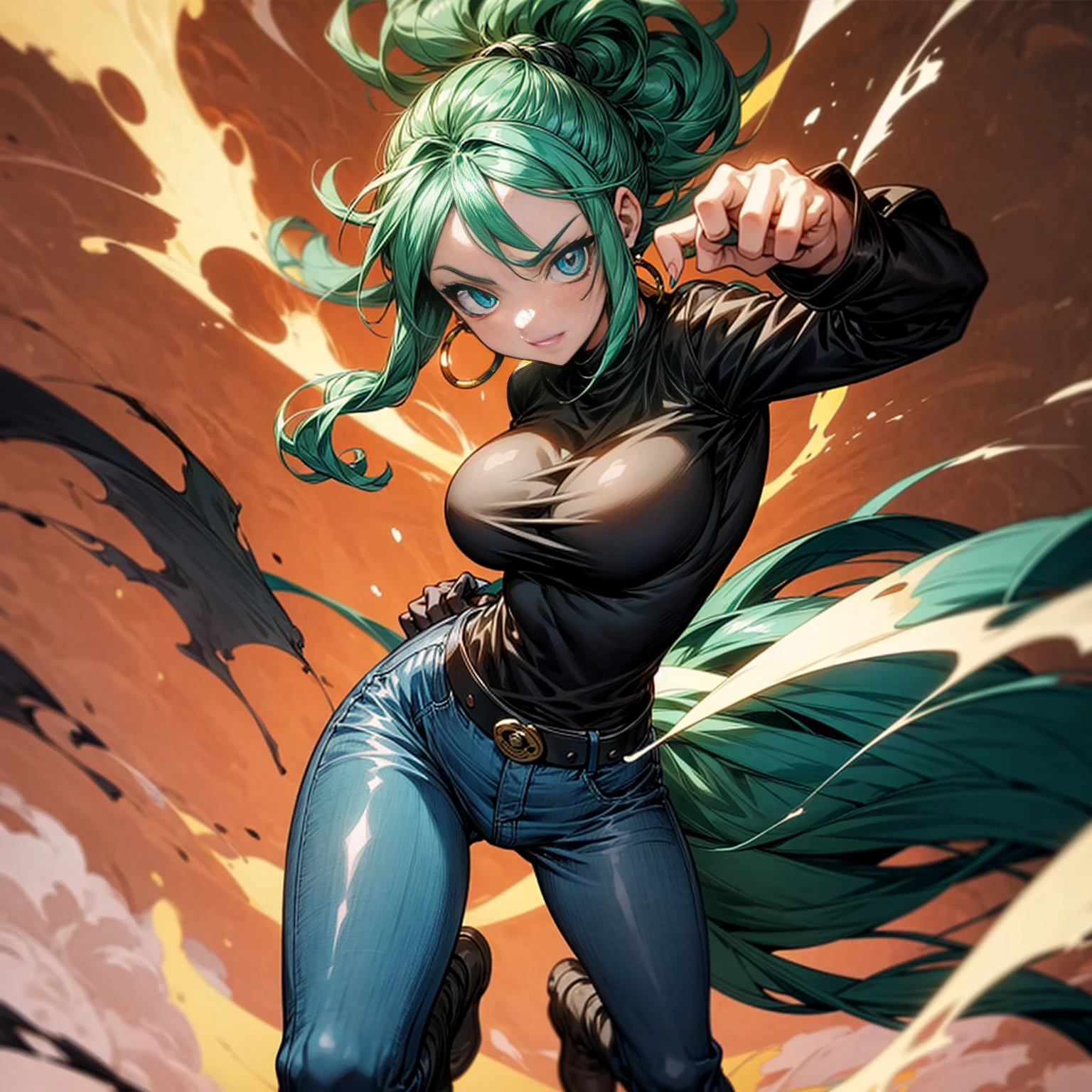 Solo character, girl, full body version, (blue eyes), green hair, long Curly hairstyle, ponytail, black t-shirt, long jeans, white boots, big breasts, Grassroots, background in street city, evening day, (one piece style art), standing battle gesture, handgun in hand, smoke effect, fire effect, blood on background, happy, Hoop earrings