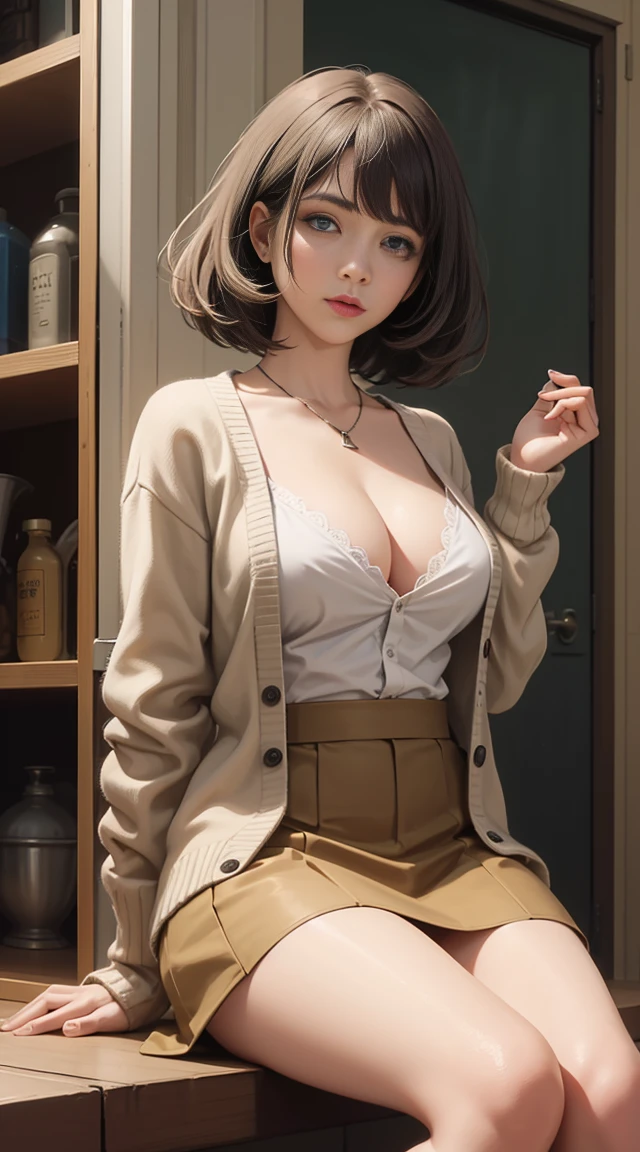 masterpiece, Highest quality, 8k, 20th Generation, medium Breasts, cute, alone, sad, cute, Girlish, Delicate girl, Pure beauty, RAW Photos, Professional photography, Portraiture, Soft Light, Professional Lighting, Backlight, Head to Knee, avert your eyes, Sophisticated, Film Grain, (Eye and facial details:1.0), floating short hair, beautiful, Flowing Hair, bangs, (A loose cardigan(beige))、(Large Breasts:1.0)、A little bit of cleavage is visible、Micro Mini Skirt、Voluptuous thighs、dolly make、Colored contact lenses、One eye is green、The other has blue eyes