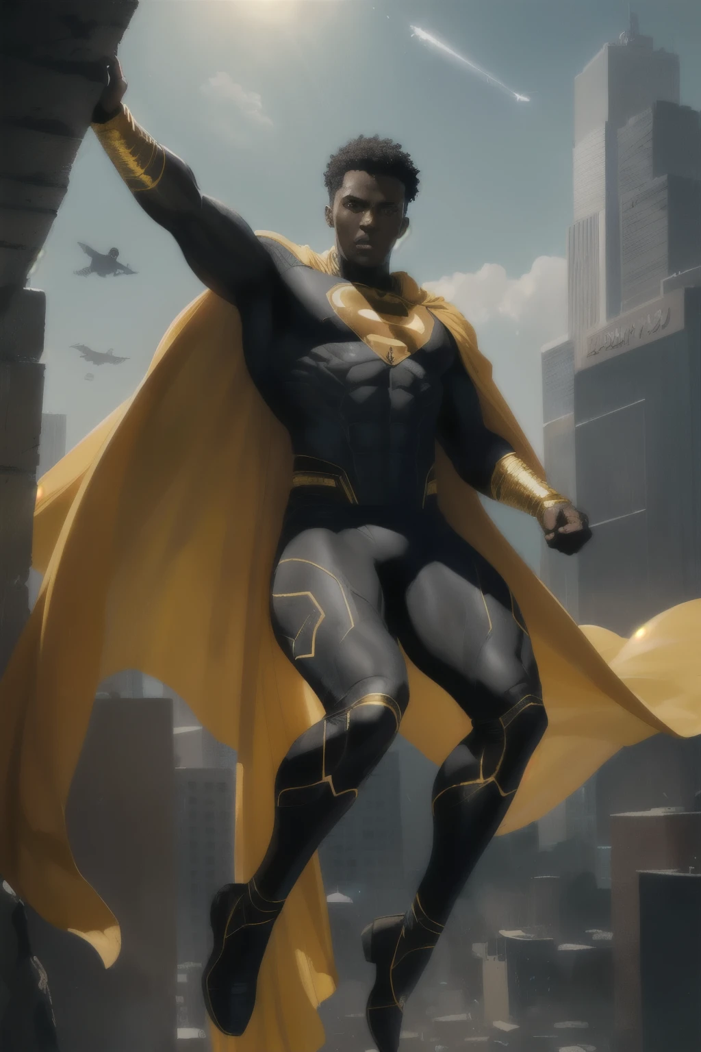 ((best quality)), ((artwork)), ((detailed)), man, dark skin, short curly hair, black superhero outfit, yellow cape, full body, flying above the ground.
