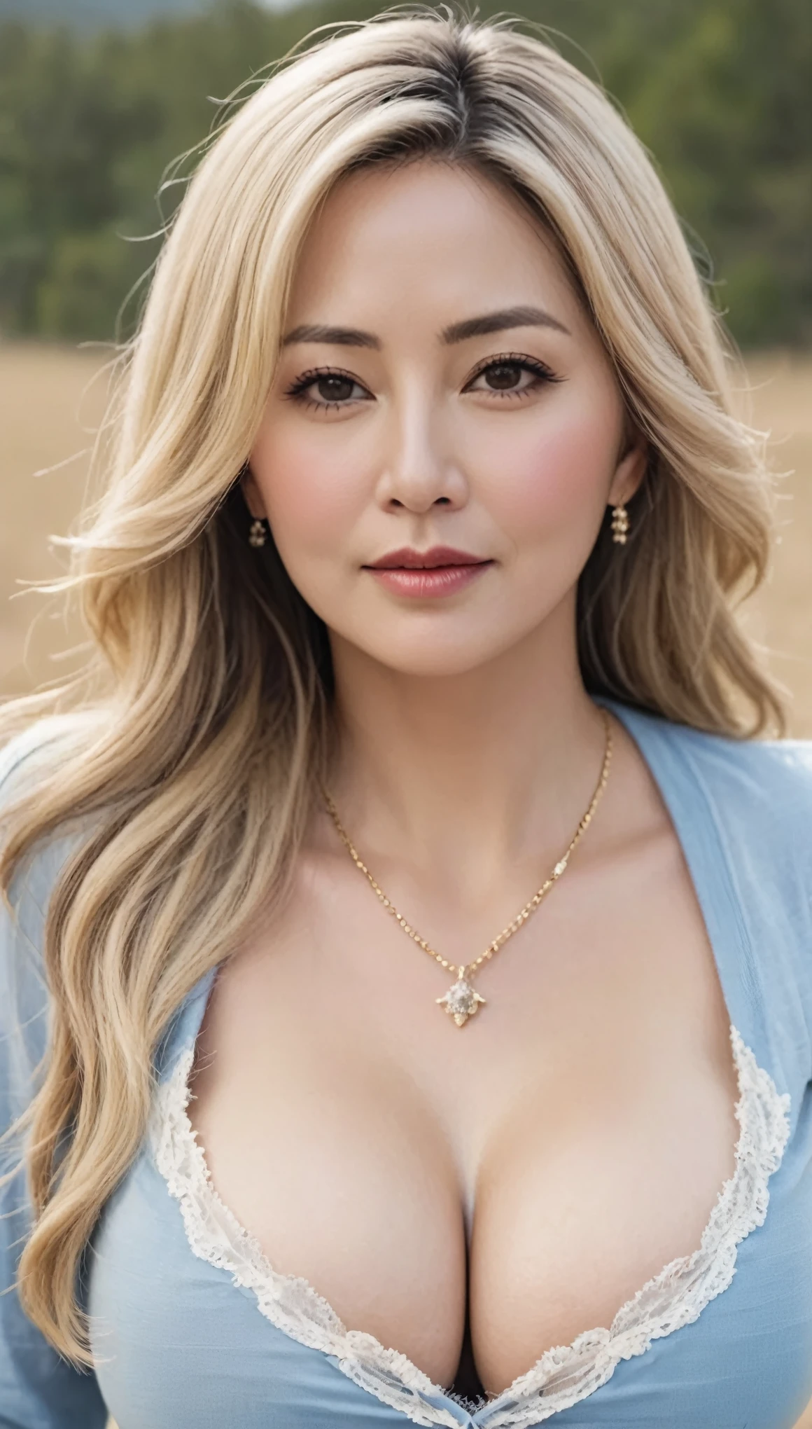 ((Very realistic))、Delicate and precise expression、(((Very beautiful 50 year old American cowgirl)))、Fluffy blonde、(Chubby body type)、(((Very large breasts)))、(((Big big cleavage)))、Deep neckline、(((On a ranch in the American West)))、Very sexy mature woman riding、