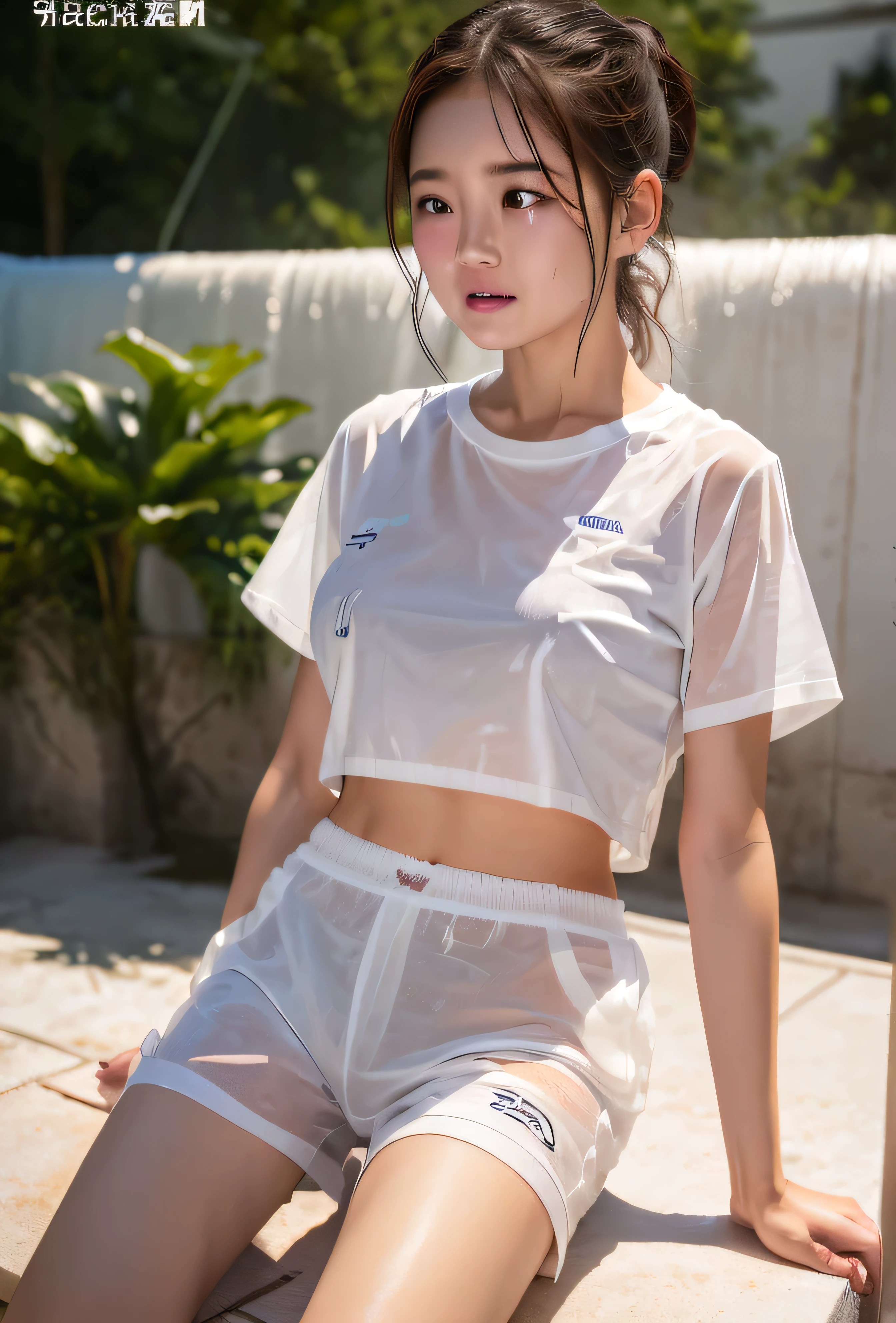 (Highest quality, masterpiece, 4K, photograph, Fine:1.4), (Cute  crying in soaked short white nylon shorts:1.3), garden, squirt, tomboy, A soaked white short-sleeved T-shirt and white nylon shorts, Covering the chest with both arms, Very cute with a baby face, ponytail, The chest area of his white short-sleeved T-shirt is wet and transparent., Her wet white nylon shorts are transparent and her underwear is clearly visible, White clothes that are wet and see-through, Footage from the knee up
