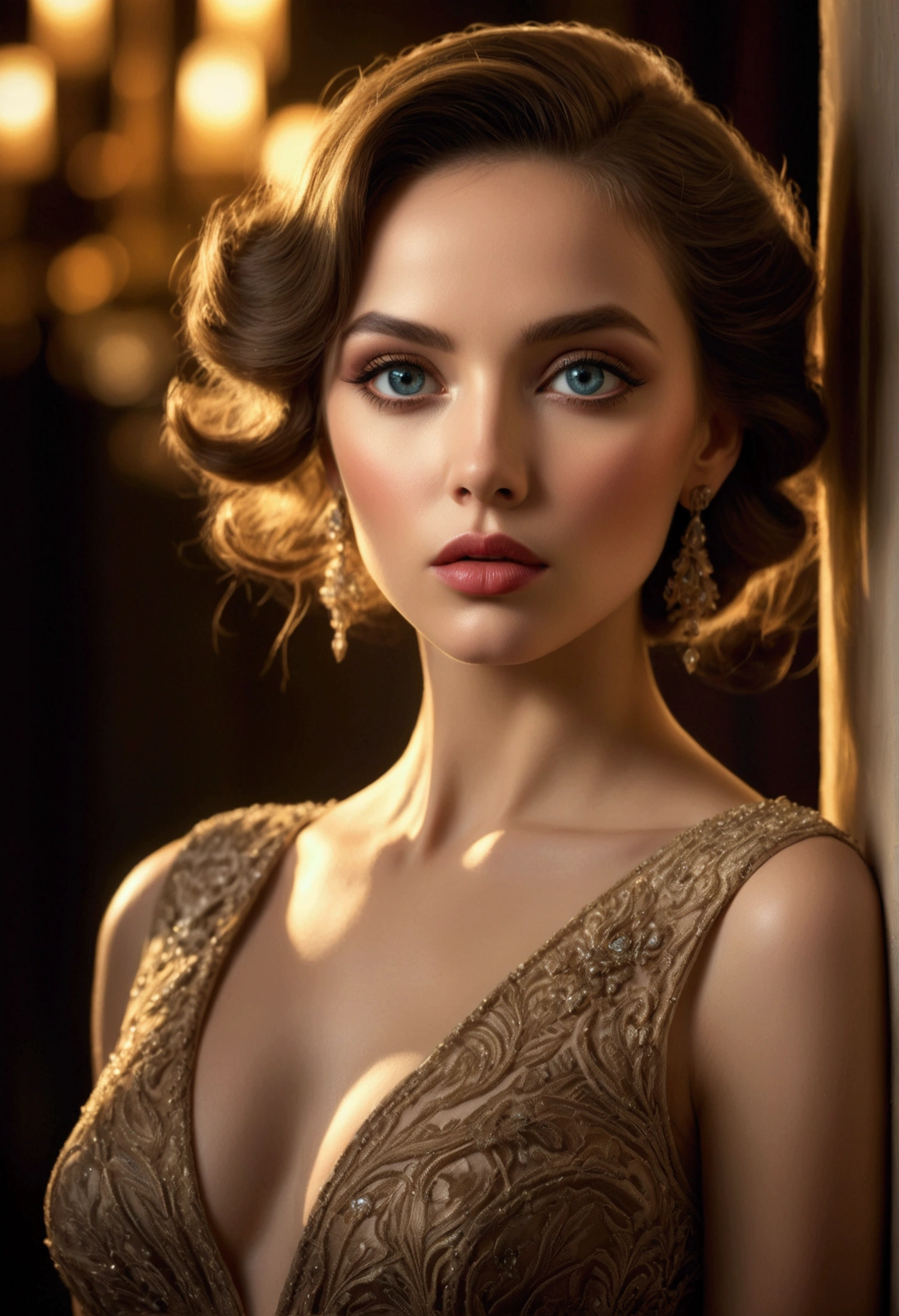 award winning moment, woman in elegant dress, dramatic lighting, beautiful detailed eyes, beautiful detailed lips, extremely detailed face, high quality, photorealistic, cinematic, dramatic colors, warm lighting, intricate details, masterpiece, award-winning, glamour, high fashion, luxury, emotions