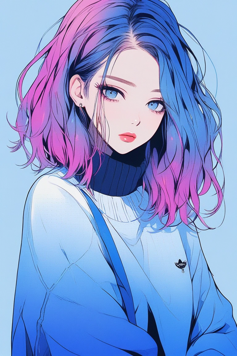 illustrator, anime , realistic ,sketch , 1 girl, ,lip, sweater,order, Blue gradient background, neon hair,Textured trim, Canadian, (masterpiece,Best quality)