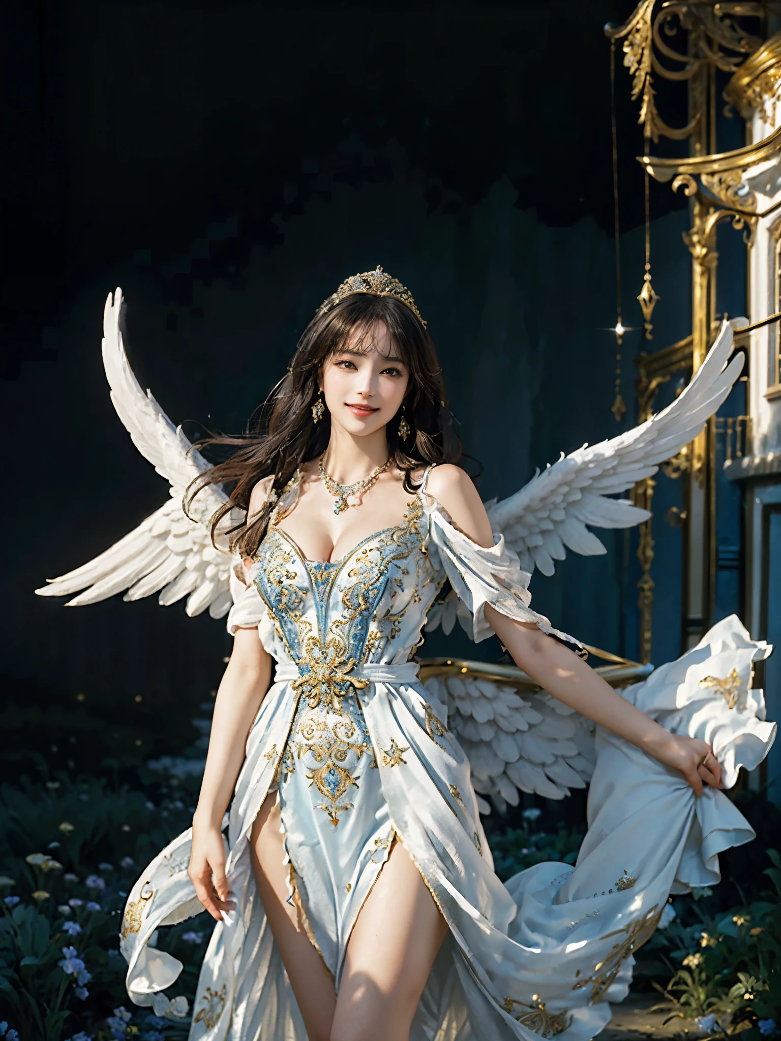 ((Very beautiful angel queen,The final form as a perfect angel, the masterpiece of an angel,Huge and intricate angel wings,The most dignified wings,Golden light,shining background,The most opulent and holy temple background,White and gold temple background,King of Angels, The most dignified angel, ((extremely detailed beautiful dresses)), (Intricate and solemn dresses, Light blue and gold embellishment dress on white, Light blue and gold dress on white base), (The most intricate and beautiful dresses, dresses decorated with some expensive jewels), ((extremely detailed gorgeous jeweled necklace)), Complex and majestic angel figure, The most intricately depicted figure of an angel, The World's Most Beautiful, Unimaginable beauties, (slim figure, attractive body shape, divine atmosphere), (smooth thin hair very fluttering in the wind, shiny hair), Intricate reproduction of the perfect angelic detail, The figure of an unimaginably gorgeous angel, The figure of an unimaginably huge angel)),((Most beautiful face, Half Japan and half Spanish, The biggest happy smile, The most luxurious and intricate dresses, The biggest smile looking at the camera)), Beautiful firm cleavage, beautiful clavicle, (Beautiful firm medium breasts), (Elegant standing figure, Fold your hands in front of your navel,)),Chest that seems to burst, Giant wings of angels, The background is the appearance of a perfect angel castle,Masterpiece,8K,very intricate, ultra detailliart, captivating and visually stunning piece of fractal art featuring, created by a renowned artist, vibrant colors. Formal artistic quality with strong aesthetic appeal.
