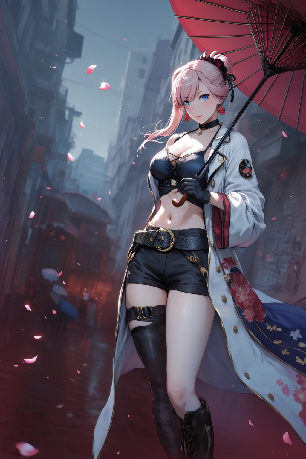 (hero neisan art style:0.7), (hews art style:0.7), score_9, score_8_up, score_7_up, score_6_up, score_5_up, score_4_up, uncensored, miyamoto musashi, pink hair, earrings, ponytail, asymmetrical hair, swept bangs, blue eyes, BREAK (masterpiece:1.2), best quality, high resolution, (detailed eyes:1.3), perfect lighting, (perfect hands, perfect anatomy), moolight, falling flower, umbrella, alleyway, 1girl, solo, red umbrella, stomach, breasts, black choker, shorts, navel, umbrella, black shorts, midriff, choker, short shorts, standing, gloves, crop top, large breasts, black gloves, holding, thighs, boots, white coat, coat, looking at viewer, oil-paper umbrella, cleavage, holding umbrella, flower, single bare shoulder, black footwear