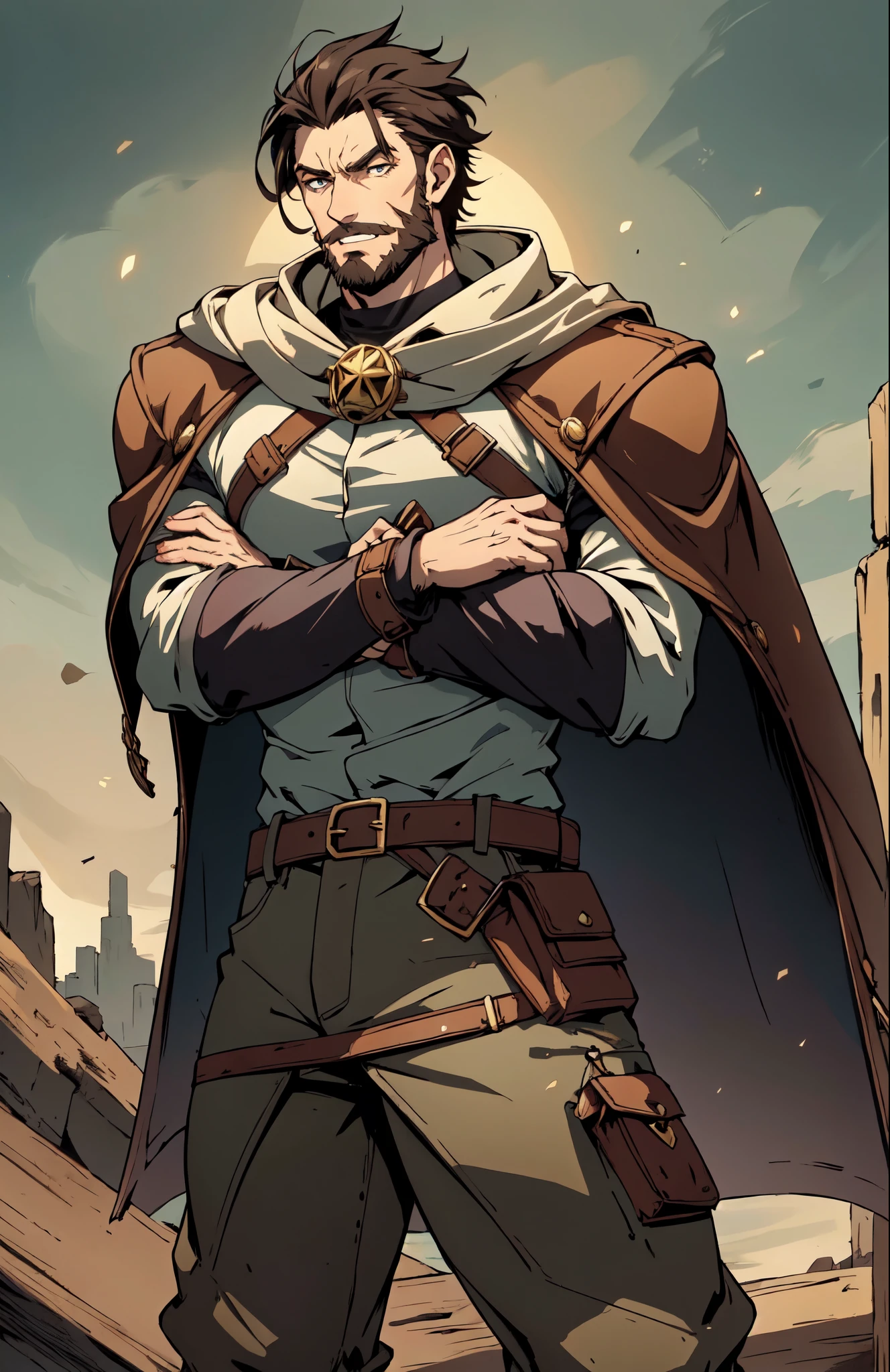 (masterpiece:1.2, best quality:1.2, extremely delicate:1.2), ((male:1.5)), a middle-aged man with short black and gold hair, rugged eyebrows, a full beard, downturned triangular eyes, an arrogant expression, mouth open laughing, a tall and robust build, a fantasy western-style cape and leather coat, his arms crossed over his chest, a leather utility belt, loose canvas trousers, standing majestically on a barren hillside, this character embodies a finely crafted fantasy western-style overlord in anime style, exquisite and mature manga art style, dramatic, high definition, highres, ultra-detailed, ultra-fine painting, professional, perfect body proportions, golden ratio, anatomically correct, symmetrical face, extremely detailed eyes and face, high quality eyes, creativity, RAW photo, UHD, 32k, Natural light, cinematic lighting, (masterpiece-anatomy-perfect:1.2)