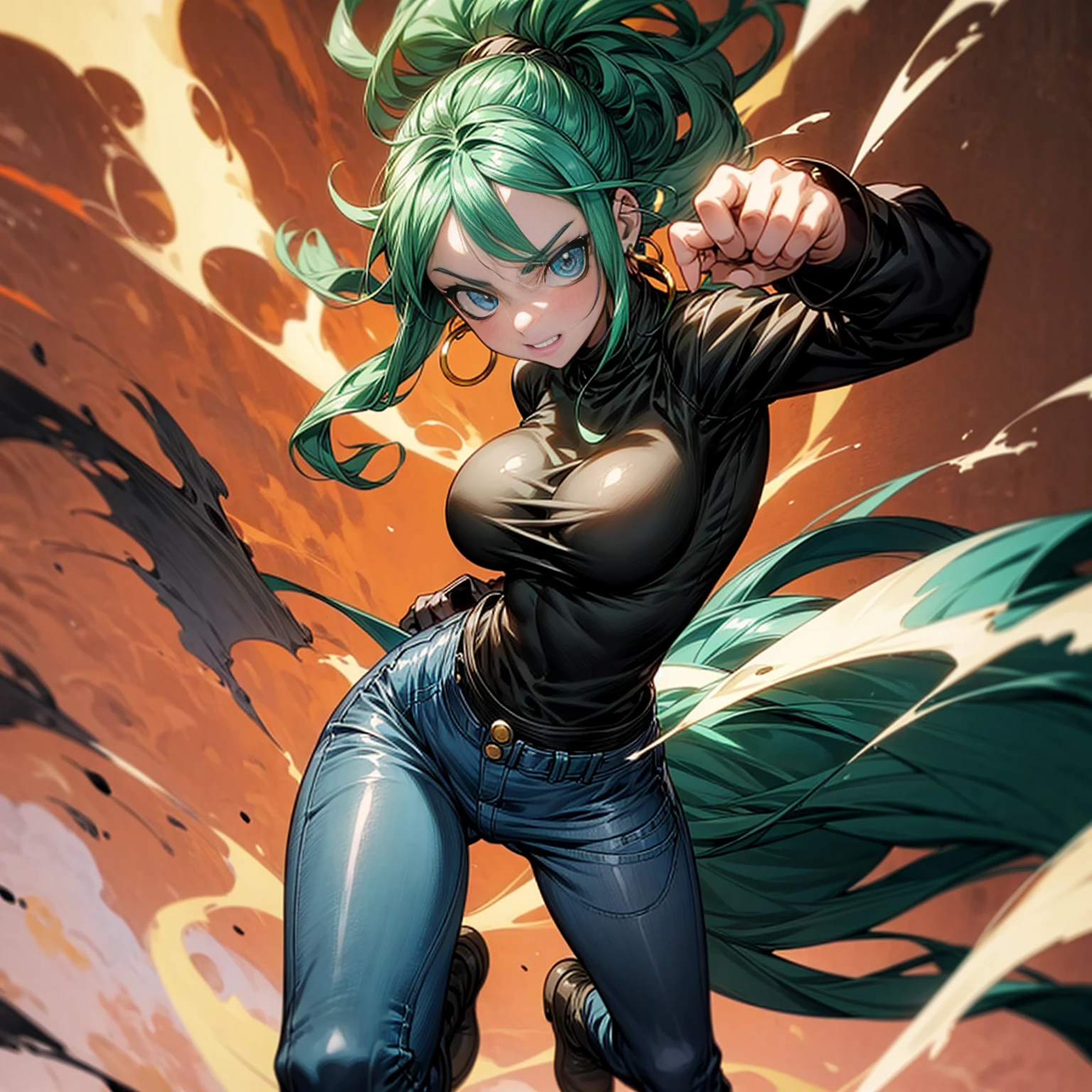 Solo character, girl, full body version, (blue eyes), green hair, long Curly hairstyle, ponytail, black t-shirt, long jeans, white boots, big breasts, Grassroots, background in street city, evening day, (one piece style art), standing battle gesture, handgun in hand, smoke effect, fire effect, blood on background, happy, Hoop earrings