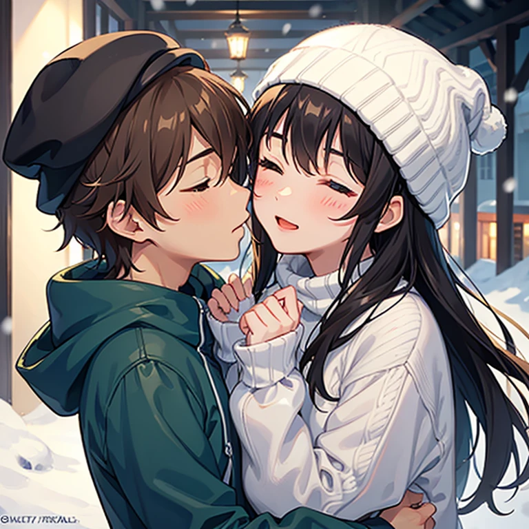 Masterpiece, best quality, One boy, One girl, They are sharing a passionate kiss in the snow, wearing cozy sweaters and hats to keep warm, enjoying the moment. In the background, there are people walking, The scene has a romantic and dreamy atmosphere, with soft lighting and a touch of snow falling in the air, The colors are warm and inviting, Boy has short brown hair, girl has long brown hair, kissing, blushed faces, closed eyes, with shades of blue and white representing the winter season. The image should be of the best quality, with ultra-detailed and realistic elements, Night