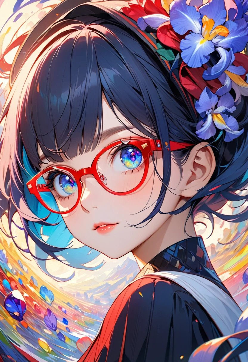 thief woman, Red Glasses、Colorful and bright, Mysterious colors, modern impressionism, Portrait of Chen Yanjun, Iris Painting, 3/4 Perspective View, Cute Face, Low - Angle, Wide, swirling composition, Big beautiful crystal eyes, Big Iris, 超High resolution, High resolution, 8k, (masterpiece: 1. 5), (The most beautiful portraits in the world: 1.5)