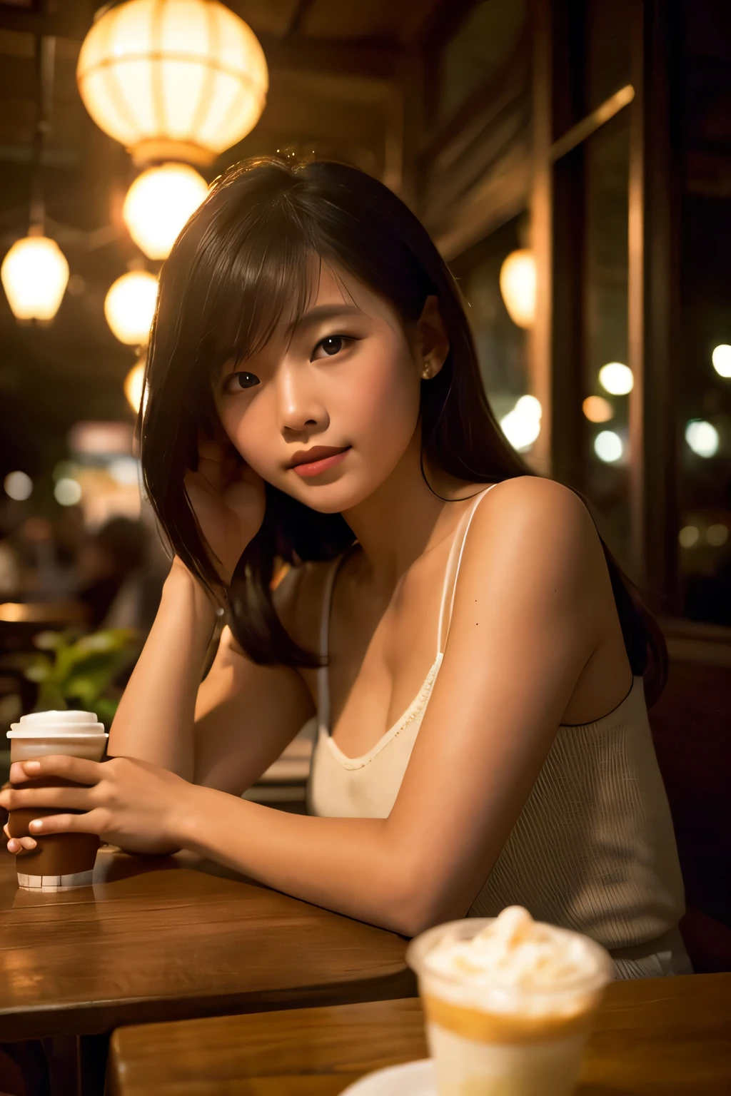 Create an image of a fair-skinned American beauty at a cafe, taken during the night with the aesthetic of a film camera. The scene should have a rich texture and exude the warm, nostalgic ambiance of film photography. Emphasize soft, natural lighting and the interplay of shadows and light, with a slight graininess to enhance the timeless and elegant feel of the moment. --v 6.0