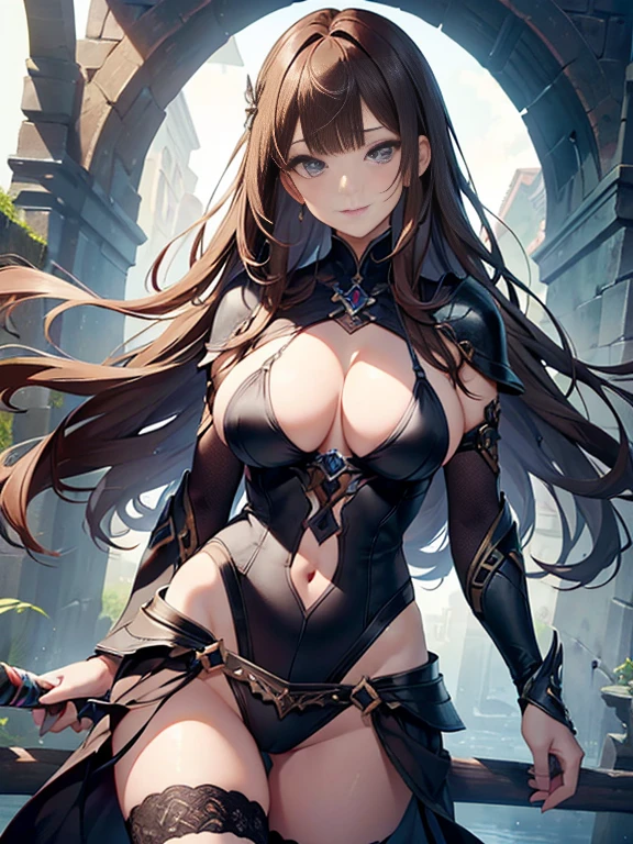 nsfw,masterpiece、High resolution 8k、Browsing Caution、Otherworld fantasy game characters,Bikini Armor,swordswoman,Sharp focus、Contrast lighting、Fine skin、 Highest quality、Ultra-high resolution、Ultra-high resolution、Detailed CG、、Standing woman、Slender figure,Cleavage,Thighs,Thin legs,Beautiful Eyes、A charming smile,(Detailed Faces and Faces:1 .2)、Narrow eyes、Almond Eye、Iris、Eye Gradient, (Eye highlight:1.2)、(Light reddish brown hair、middle、Asymmetrical bangs)、(Fuller lips、Glossy Lips、 size) 、(Oval Face : 1.4)、(Thin fingered arms、Detailed human hand)