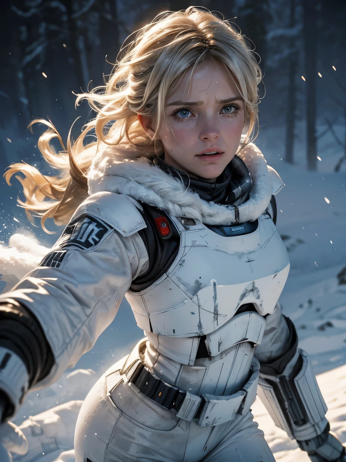 Helen Skelton, Hoth, Imperial Snowtrooper, close-up action shot from ground level, naked snowtrooper, lasers, crying, sweating, damp hair, on a bloody battlefield, explosion, fires