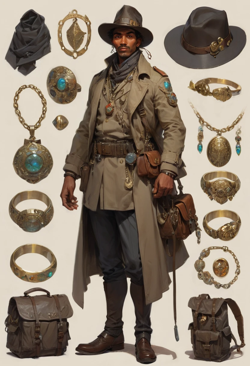 character design sheet by Abram Efimovich Arkhipov, best quality, masterpiece, Representative work, official art, Professional, Ultra intricate detailed, 8k. portrait of a man who is a treasure hunter. he has brown skin and a crooked nose but it very handsome. He has a worn hat and a fitted trenchcoat that is worn. he is wearing many necklaces and rings. His outfit is covered in trinkets from his expeditions and he has a large futuristic backpack