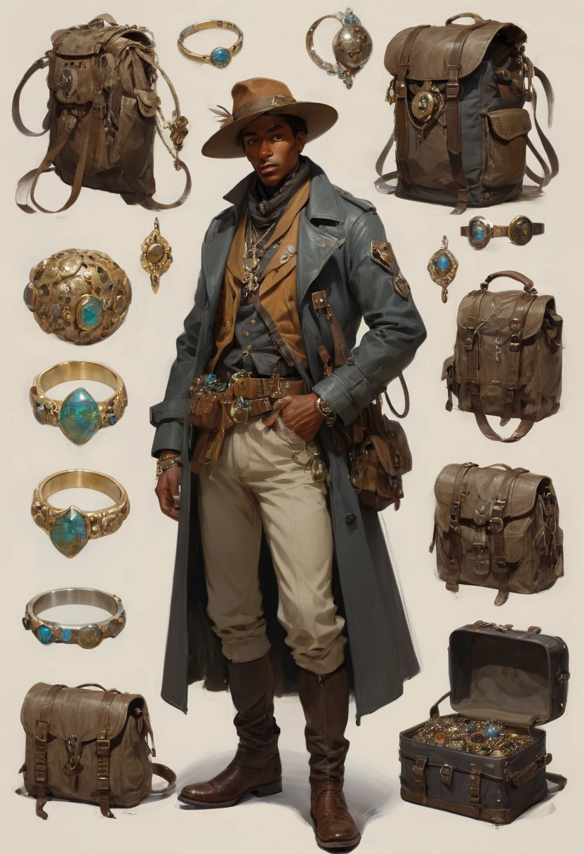 character design sheet by Abram Efimovich Arkhipov, best quality, masterpiece, Representative work, official art, Professional, Ultra intricate detailed, 8k. portrait of a man who is a treasure hunter. he has brown skin and a crooked nose but it very handsome. He has a worn hat and a fitted trenchcoat that is worn. he is wearing many necklaces and rings. His outfit is covered in trinkets from his expeditions and he has a large futuristic backpack