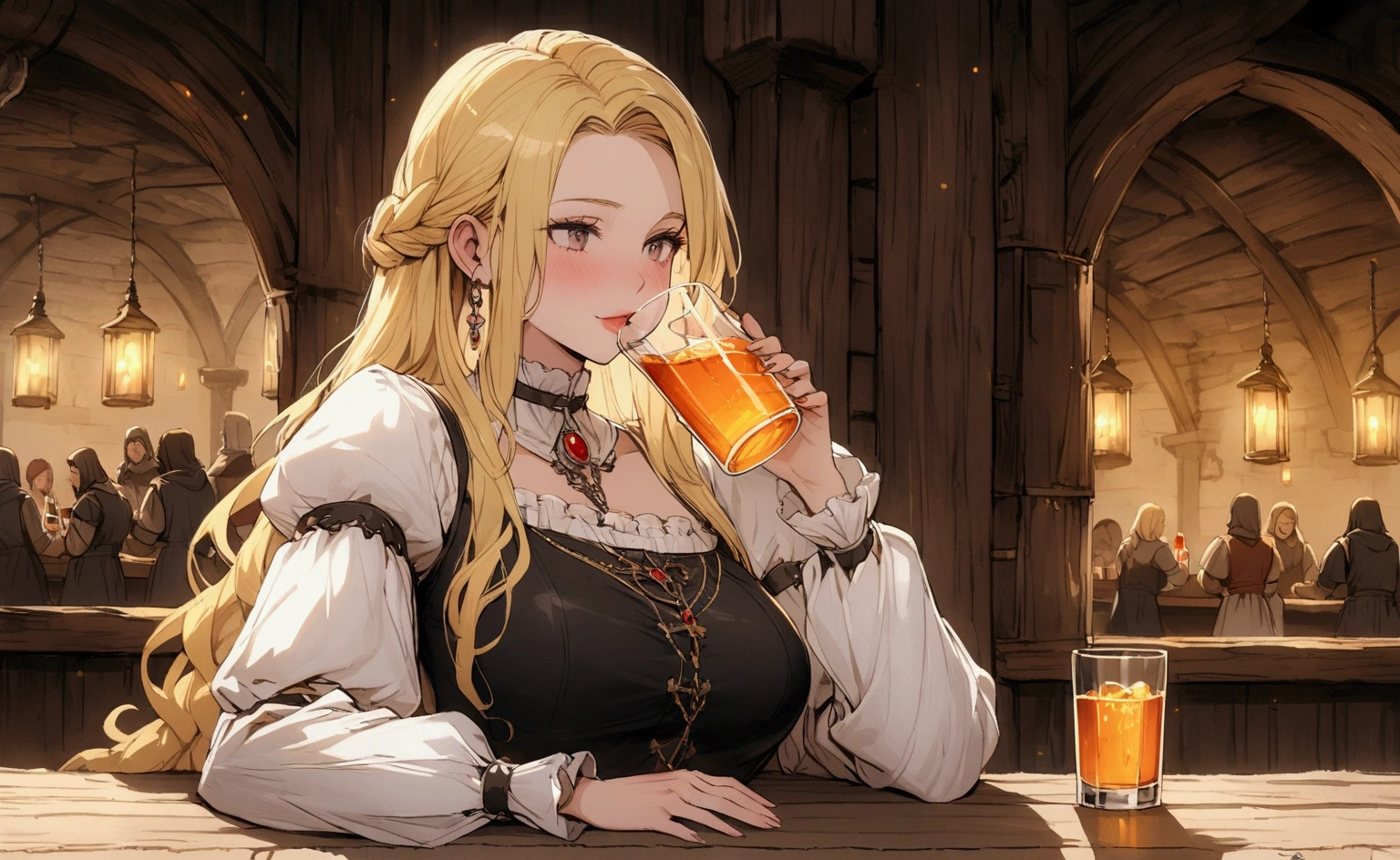 Medieval women, Alone at the bar, Drinking alcohol, Bella, Blonde Hair