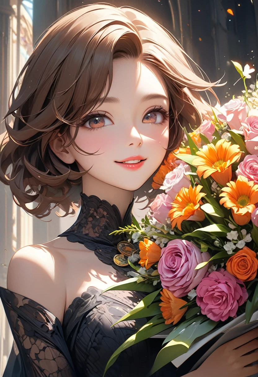( perfect anatomy ) Hanging ribbon medal otherworldly charming very beautiful girl hanging ribbon medal holding big bouquet of flowers ,Happy, elegant and joyful expression at the moment of winning the award(close up),brown hair, Features ultra-high detail eyes,
Beautiful and sophisticated silhouette, Ultra-high detail mouth, fine and perfect lips, looking directly at the viewer, Light and shadow movie special effects high-resolution images surreal textures high-resolution, Digital painting,
Delicate and dynamic rendering, ultra-high quality, masterpiece, anatomically correct, Super detailed, Best quality animation style HD high quality presentation