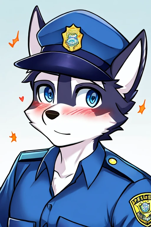 Siberian Husky dog, police, blue eyes , en una estación de police, blushing